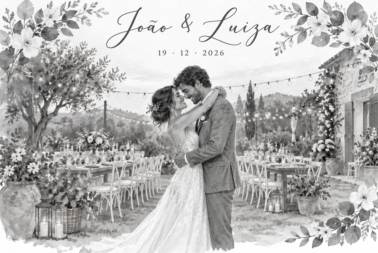 Aquarela de Luiza e João celebrando o casamento, entre flores e a mesa da festa